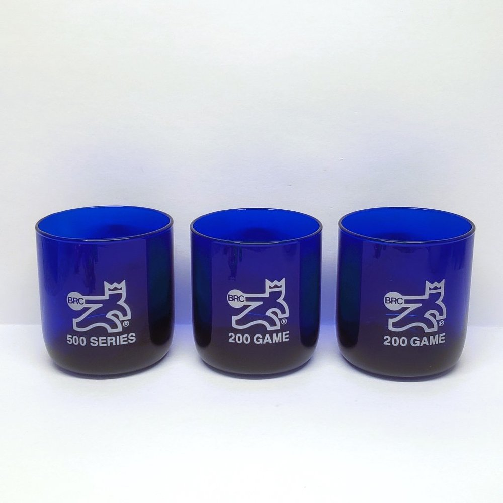 Brunswick BRC Bowling Cobalt Blue Glass Tumbler Set 500 Series 200 Games Lot x3